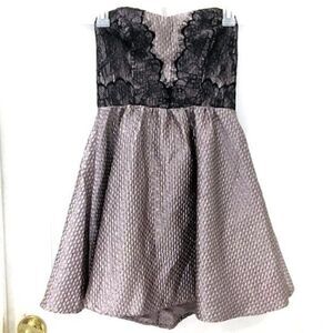 ASTR Metallic Taupe Strapless Skater Dress Lace Trim